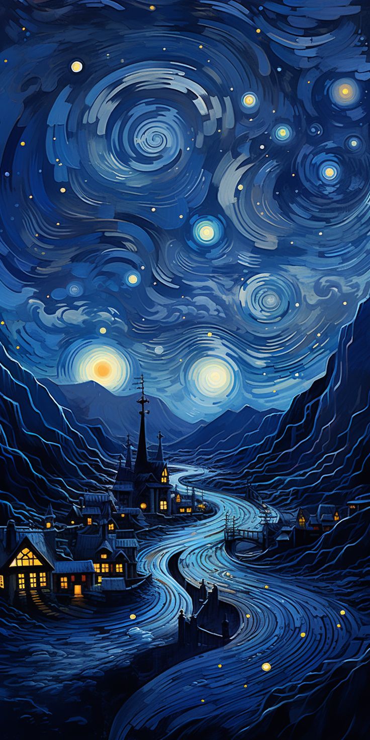 a painting of a night sky with stars and buildings