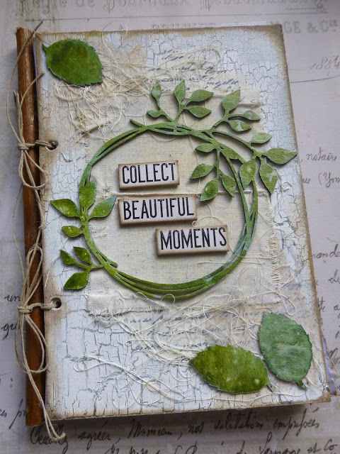 an altered book with leaves and words on the cover that says collect, beautiful moments