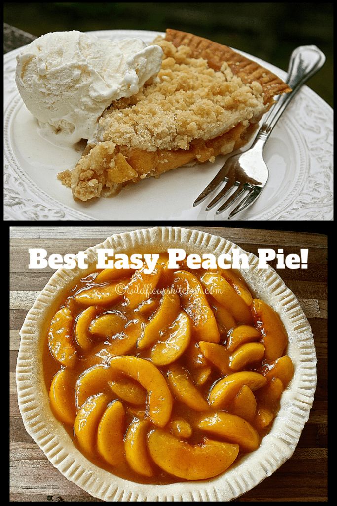 two plates with pie and ice cream on them, one has peaches in it