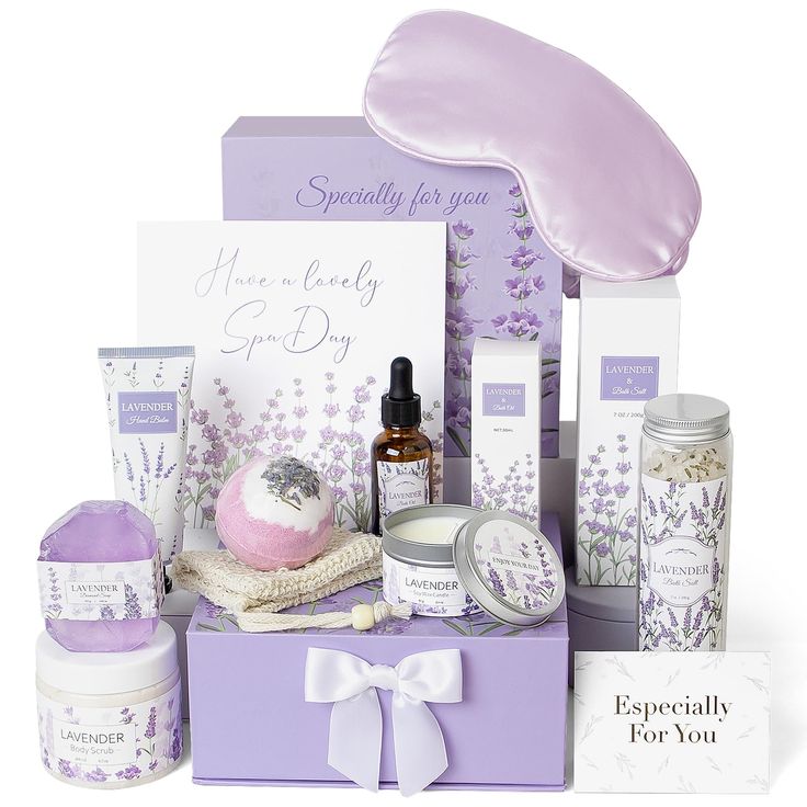 PRICES MAY VARY. 💜LAVENDER SPA GIFT BASKETS - (1)Bath Salts - 7.1oz/200g (2)Body Scrub - 6.8 fl.oz/200ml (3)Bath Oil - 1 fl.oz/30ml (4)100% Soy Wax Candles - 2.8oz/80g (5)Diamond Soap - 3.5oz/100g (6)Hand Balm 2 fl.oz/60ml (7)Bath Bomb - 3.5oz/100g (8)Cotton Linen Soap Bag (9)Silk Eye Mask (10)2 Gift Card(11)Customized Lavender Gift Box 💜RELAXING SPA GIFTS FOR WOMEN - In aromatherapy Lavender is a soothing and calming scent, used to help relax and sleep. This beautiful spa gift self care kit i Women Relaxing, Gift Basket For Women, Lavender Massage Oil, Care Basket, Lavender Spa, Lavender Gifts, Lavender Aromatherapy, Gift Baskets For Women, Spa Gift Basket