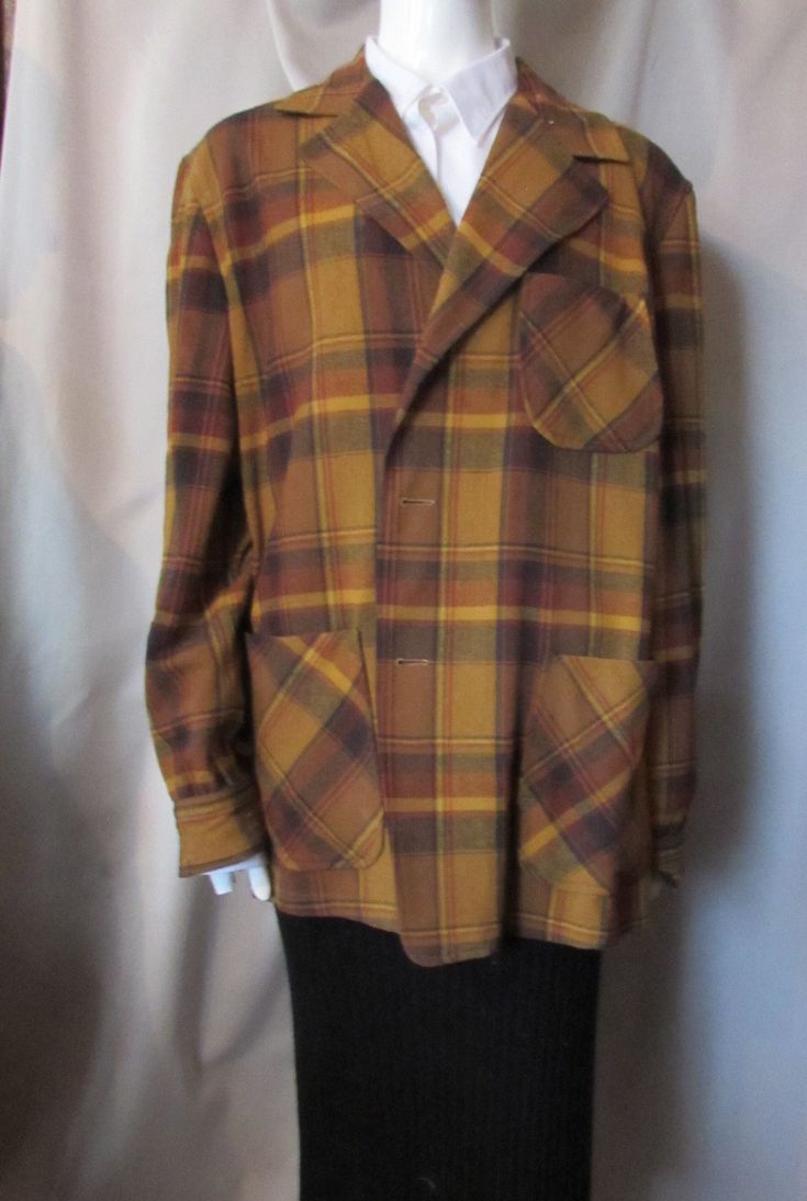 "SALE! 10% OFF! Handsome Pendleton jacket 49er design. This design is iconic for Pendleton with its plaid pattern, hip length and patch pockets. The blue label tells us this is a man's jacket, but we think in today's world--it can be unisex. The colors are earth tones with chestnut brown and rust prevailing. Three front buttons serve as closure as they do for the cuffs. The label also appears to be as early as the '60s.  It reads in part--Warranted Pendleton Portland  100% virgin wool. It does  not reference Woolrich, which we understand is a later addition Size: Label L approximate measurements: 51 1/2\" chest; 50\" waist; 52\" lower hem circumference; 25 1/2\" sleeves; 31\" long Condition: good vintage--no stains> if we hold this to the light we can detect 3 pinholes--two on the collar a Pendleton 49er Jacket, Pendleton Jacket, Blue Label, Be A Man, Chestnut Brown, Unisex Jacket, Plaid Jacket, Size Label, Big Star