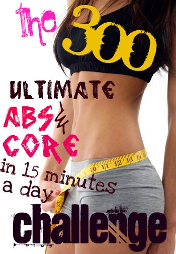 a woman in grey shorts and a black top with the words 30 ultimate abs core challenge on it