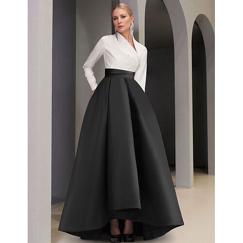 Silhouette:A-Line; Hemline / Train:Asymmetrical; Closure:Zipper UP; Built-In Bra:Yes; Embellishment:Pocket; Fabric:Satin; Sleeve Length:Long Sleeve; Tips:Colors may vary slightly due to different monitor settings,Professional dry cleaner only; Boning:No; Style:Silky,Elegant; Occasion:Formal; Neckline:V Neck; Front page:Evening Gown; Listing Date:09/11/2024; Bust:null; Hips:null; Hollow to Floor:null; Waist:null; Features:Pocket,Belt / Sash Black White Formal Dress, Black Choir Dress, Fancy Dresses Modest, Formal Clothes Women Party, Formal Winter Wedding Guest Dress, A Line Dress With Sleeves, Black And White Dress To Impress, Elegant Gala Dresses, Black Tie Attire For Women