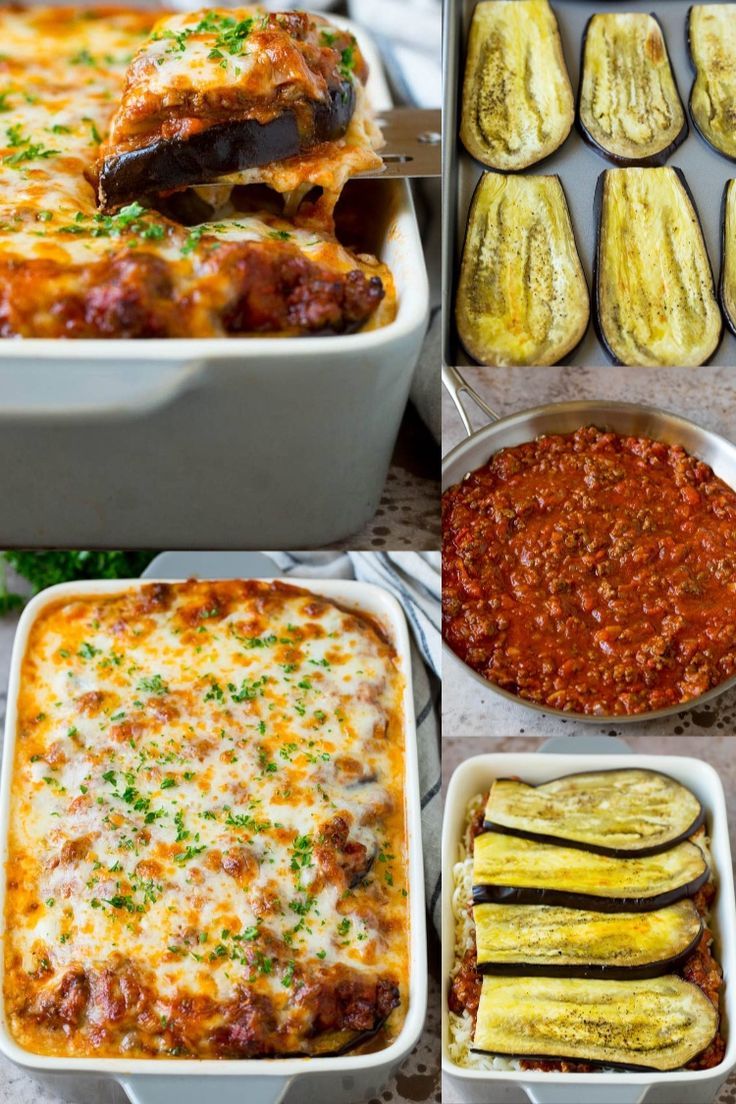 four pictures showing different types of food in pans, including zucchini and eggplant