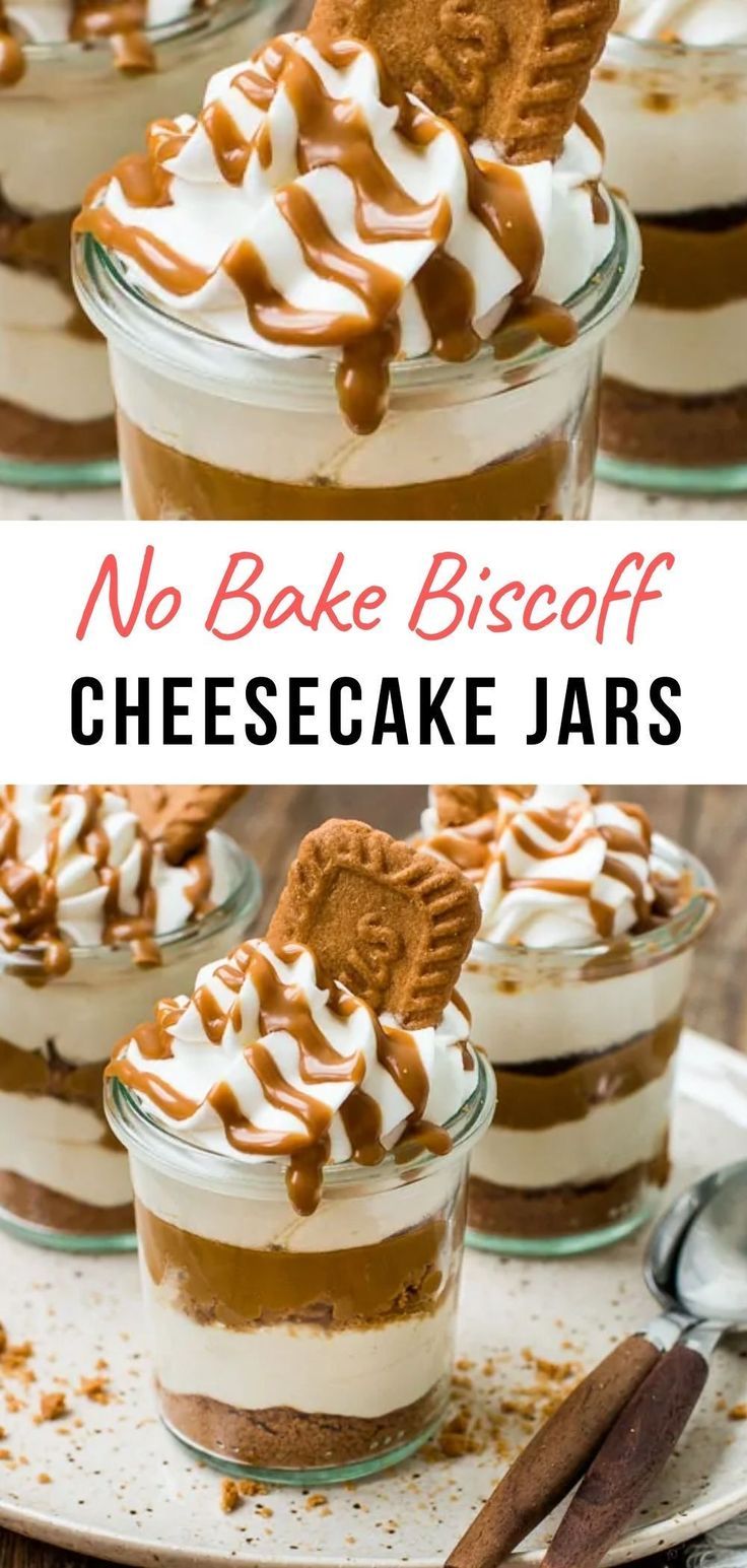 no bake biscoff cheesecake jars with whipped cream and caramel drizzle