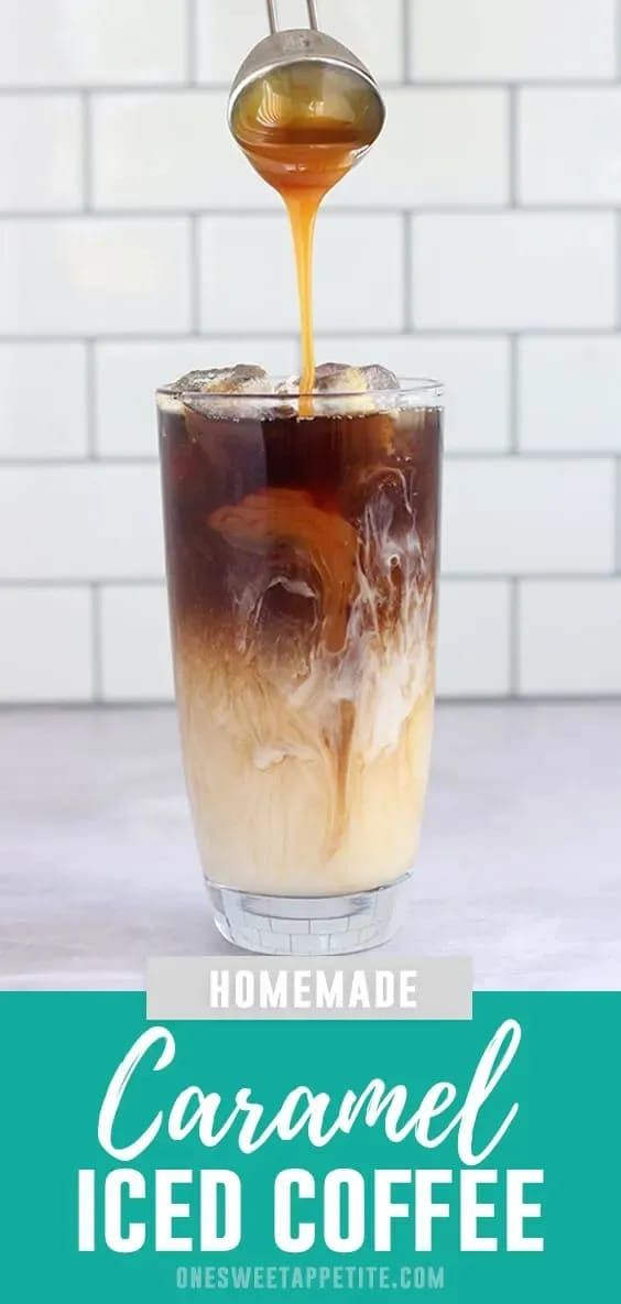 homemade caramel iced coffee in a glass with ice and syrup being poured into it