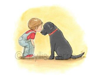 a drawing of a boy kissing a black dog