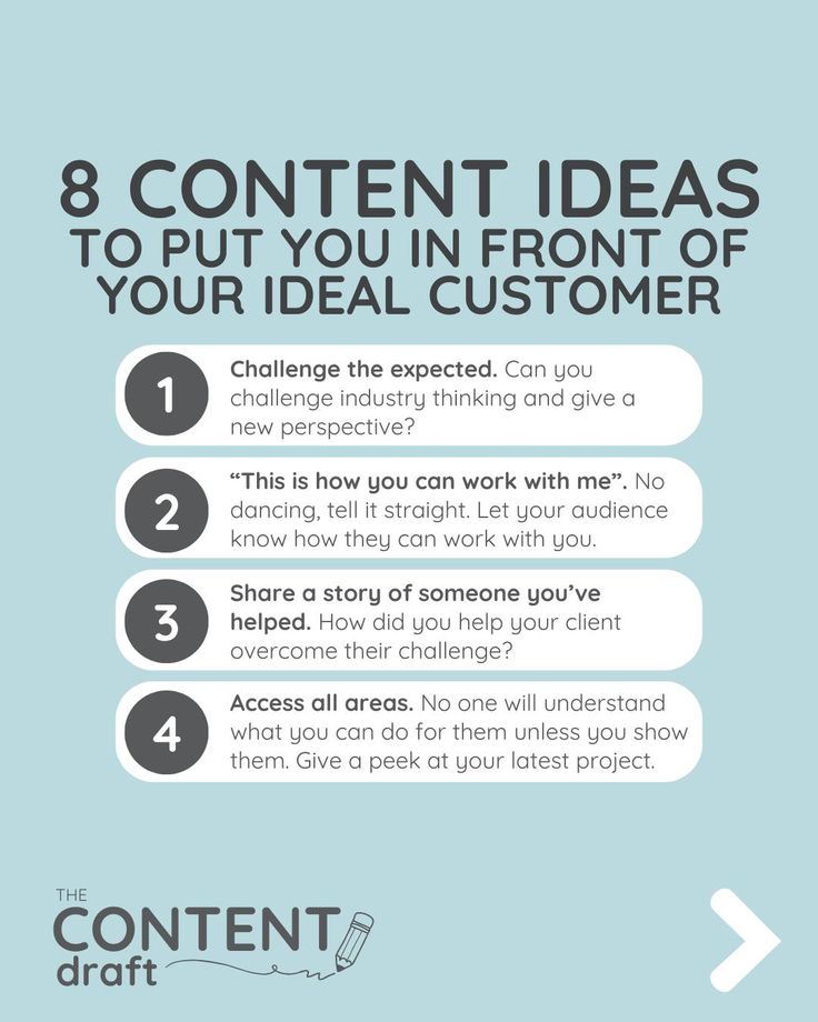 an info sheet with the text 8 content ideas to put you in front of your ideal customer