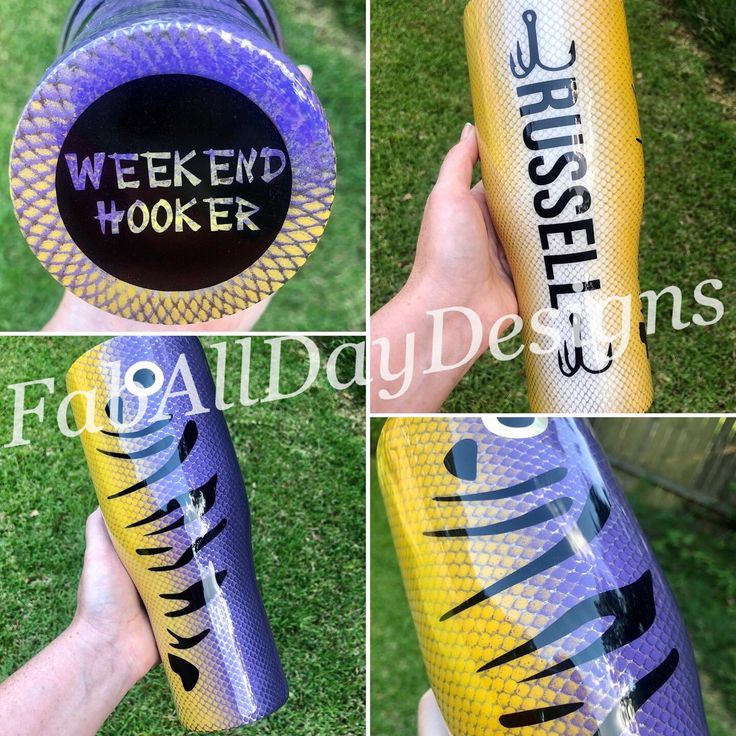 four different shots of a person holding a purple and yellow water bottle with writing on it