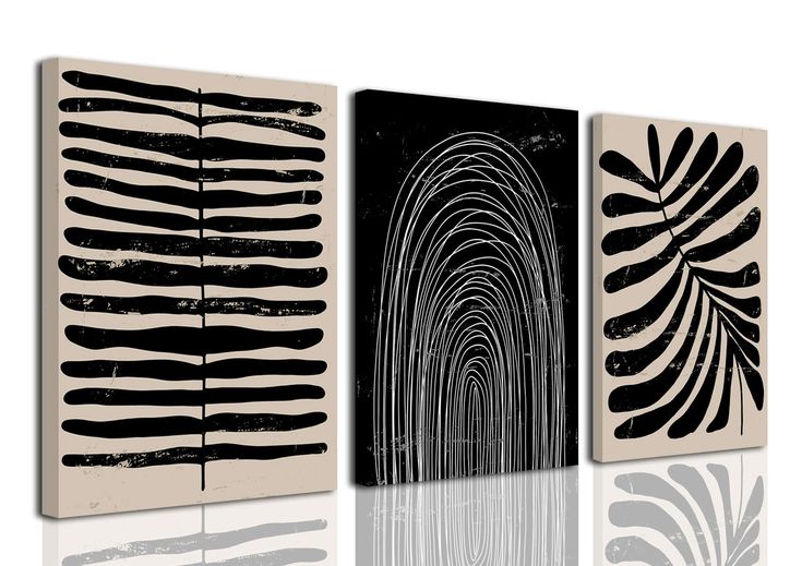 three black and white paintings on a wall next to each other, one with an abstract design