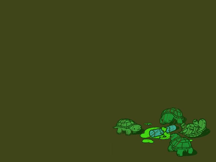 three little turtles are crawling around in the dark green background, and one turtle is laying on its back