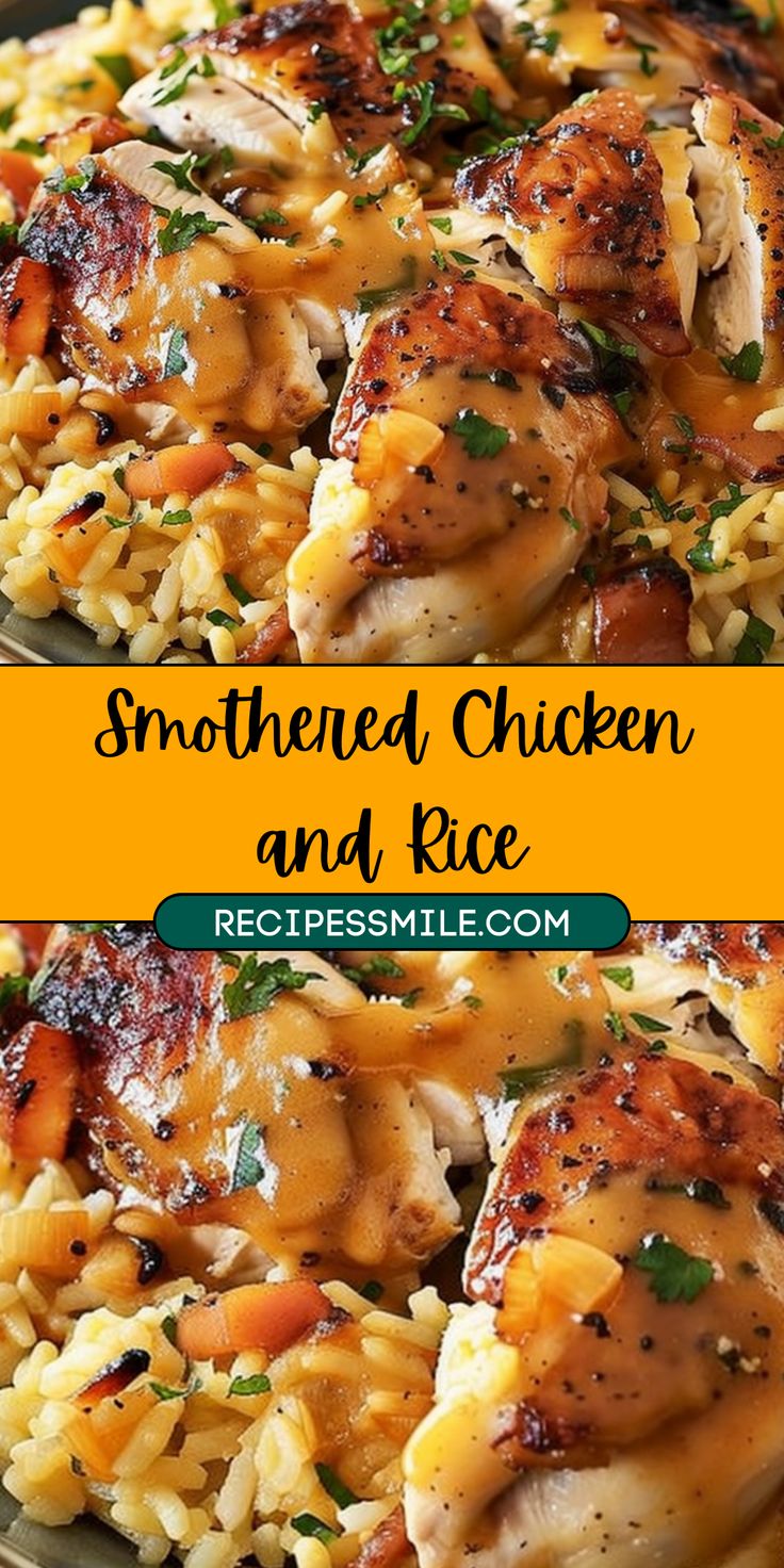 chicken and rice in a skillet with the words, smothered chicken and rice