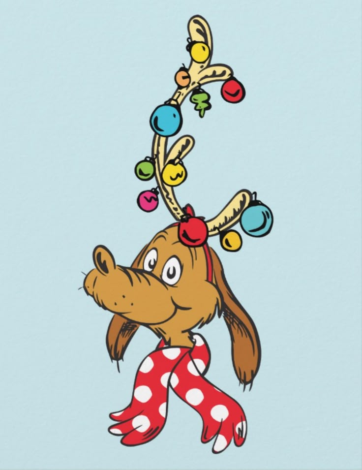 a cartoon dog with christmas decorations on its head