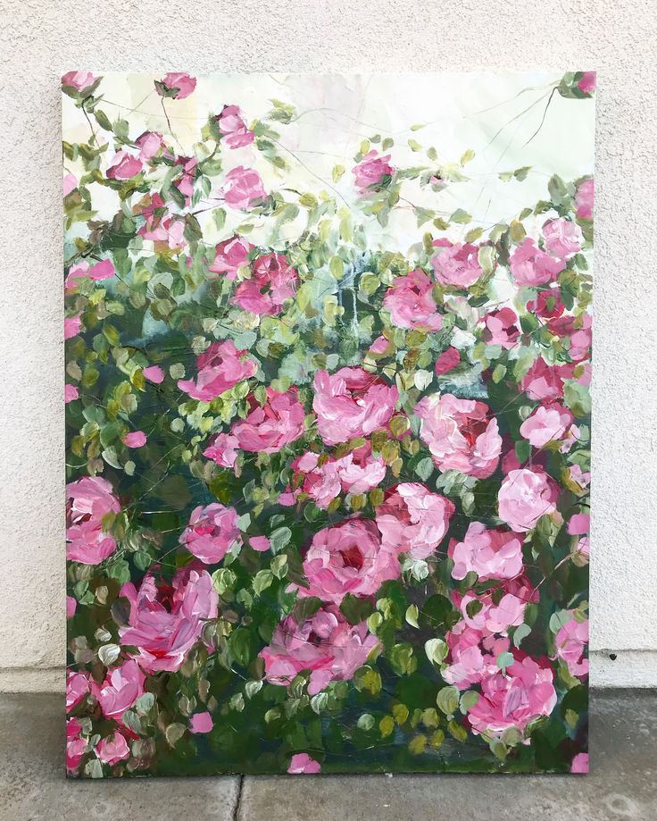 an oil painting of pink flowers on a white wall with green leaves in the foreground