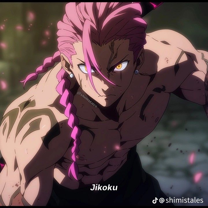 an anime character with pink hair and braids in front of the camera, looking to his left