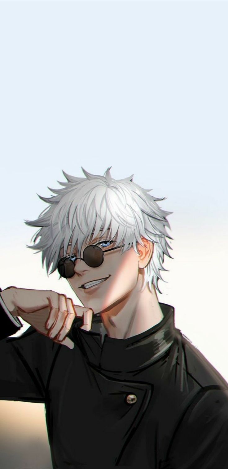 an anime character with white hair and sunglasses