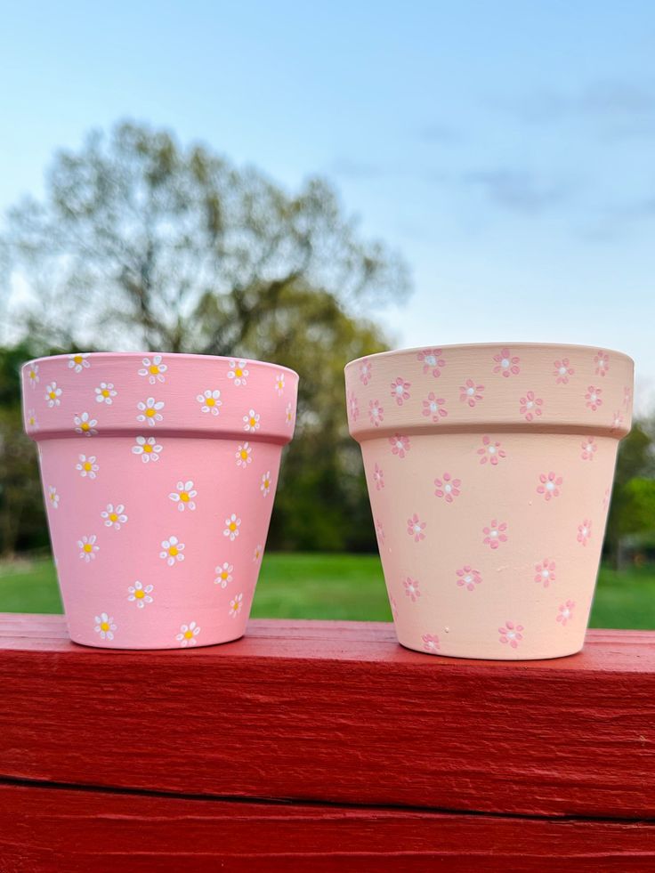 two pink flower pots sitting on top of a wooden table next to eachother