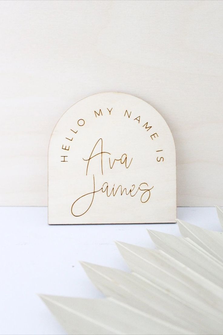 a wooden plaque with the words hello my name's ava james written on it