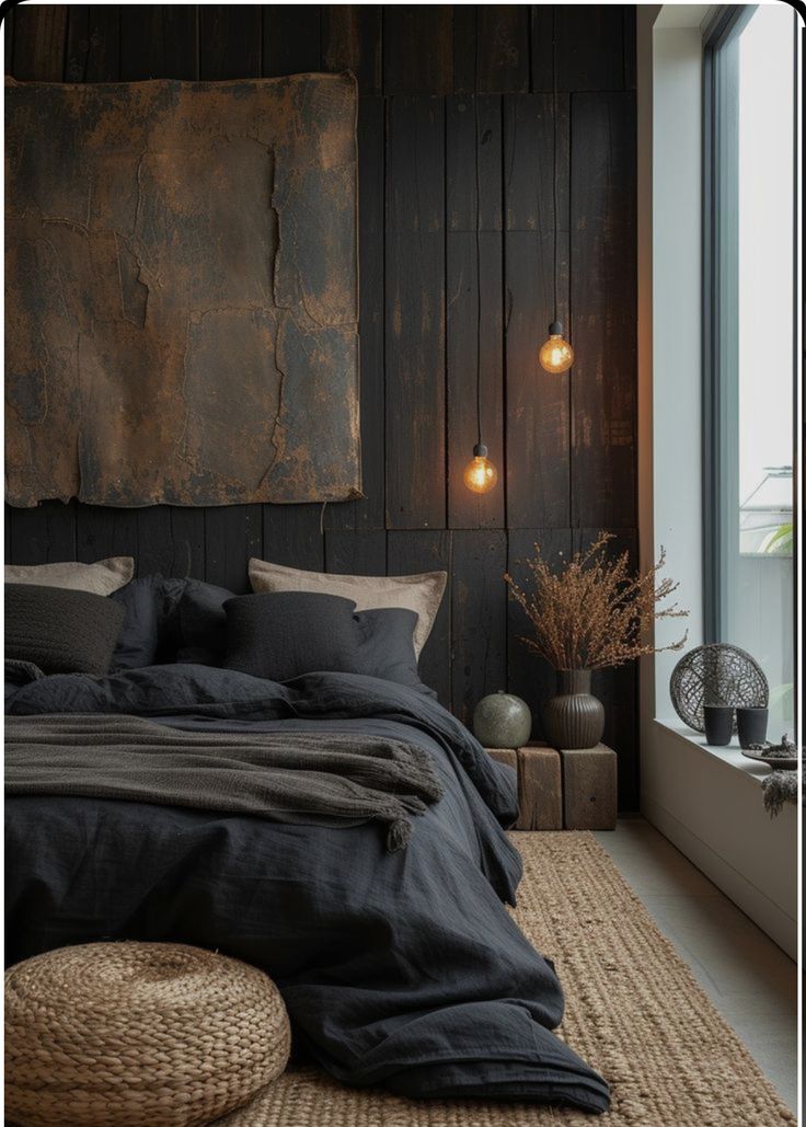 a bedroom with wood paneling and black linens on the bed is lit by two lights