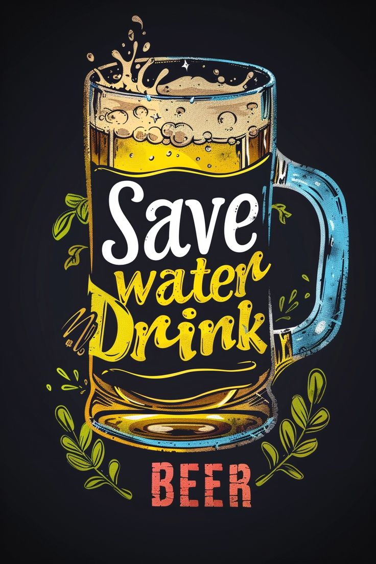 a beer mug with the words save water drink written on it and leaves around it