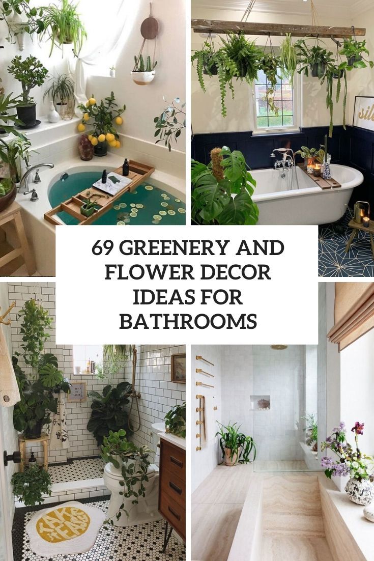 the bathroom is decorated with plants and flowers