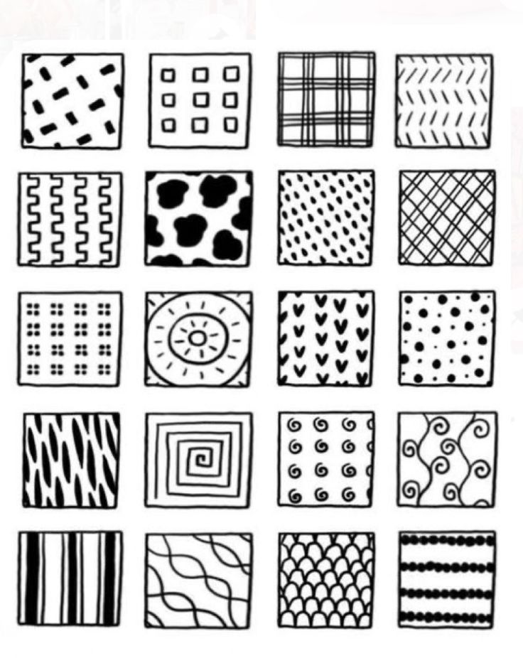 a bunch of black and white squares with different designs on them, all drawn by hand