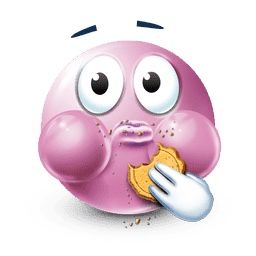 a pink ball with eyes and hands holding a piece of food in it's mouth