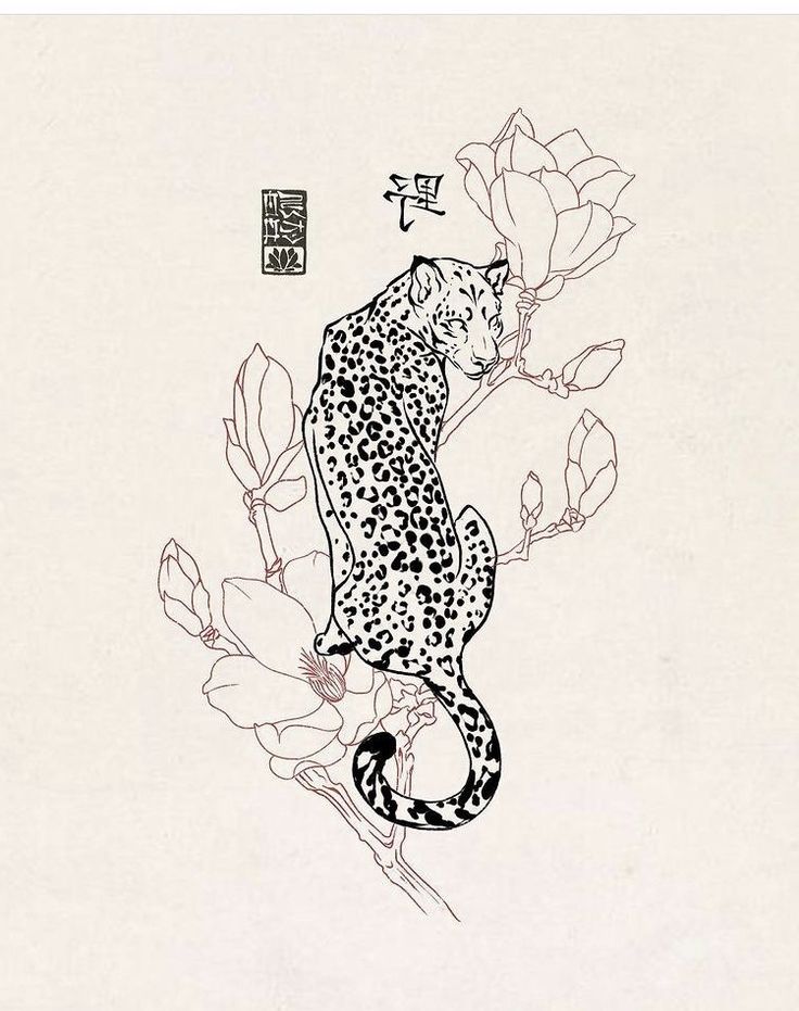 a black and white drawing of a leopard on a branch with flowers in the background