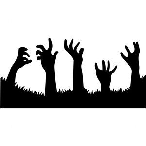 zombie hands coming out from the ground with grass and sky in the backgroud