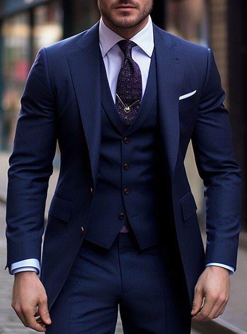 Mens Dress Suits Ideas, Three Piece Suit Mens Navy Blue, Dark Navy Blue Wedding Suit, Mens Blue Tux Wedding, Grooms Navy Blue Suit Wedding, Men’s Blue Suits, Blue Three Piece Suit Men, Men’s Wedding Tux Styles, Navy Blue Tux Wedding