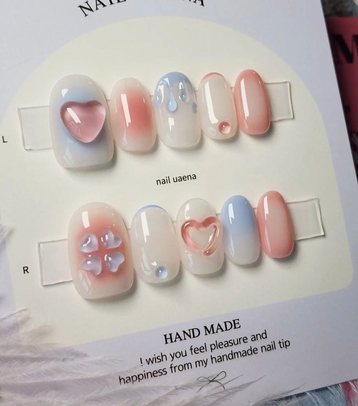 Blue Pink Nails, Pink Cute Nails, Nails Pink And Blue, Blue And Pink Nails, Pink And Blue Nails, Pink Blue Nails, Nail Heart, Nail Cute, Fake Nails Designs