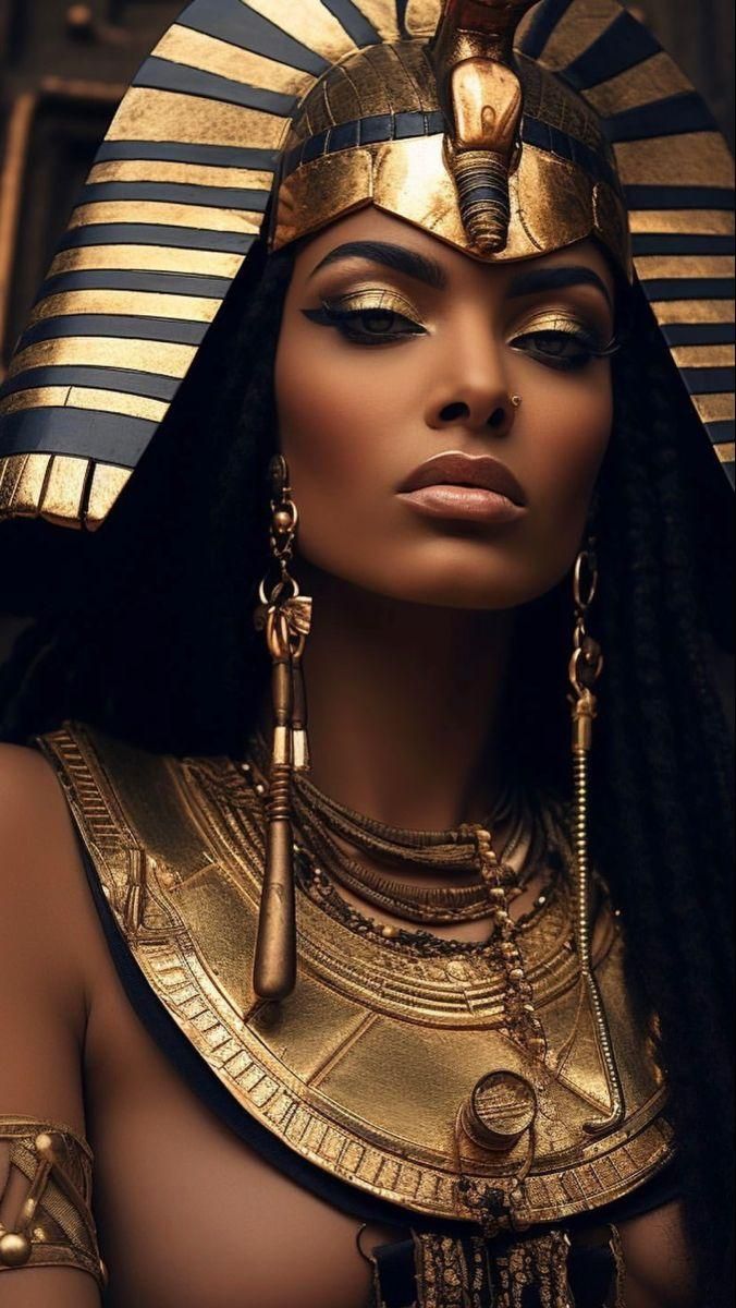 an egyptian woman wearing gold and black makeup