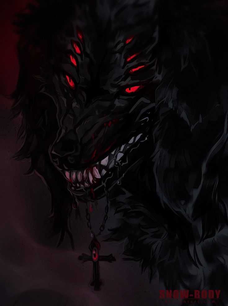 a black wolf with red eyes and fangs on it's face is standing in the dark