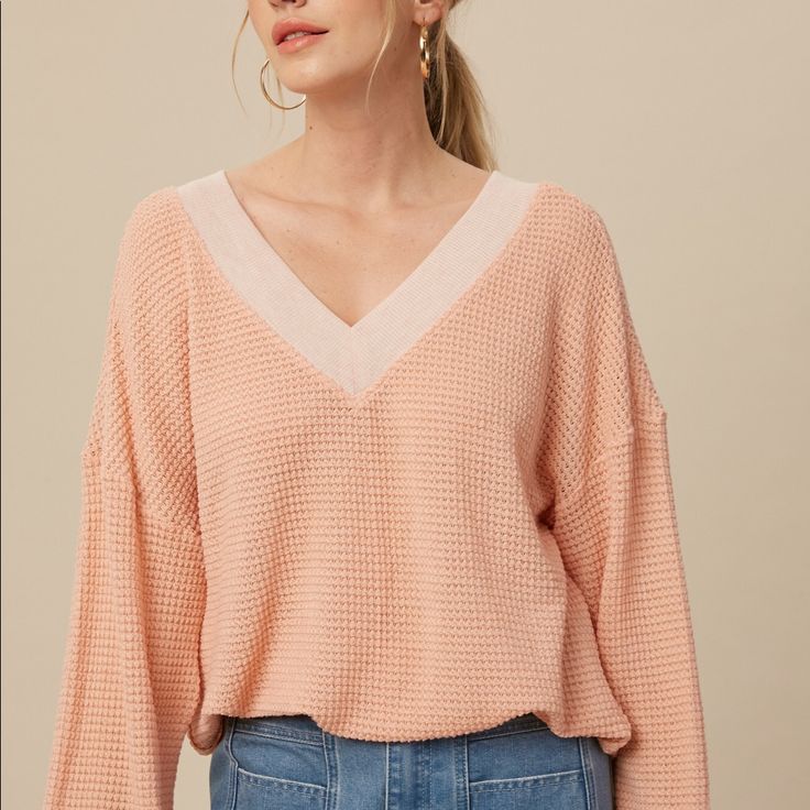 Soft Waffle Knit Pink V Neck Top. Lightweight And Super Comfy. School Wishlist, Slouchy Top, Preppy Fall, Pale Colors, Waffle Knit Top, V Neck Top, Tops Fall, Waffle Knit, Pink Tops