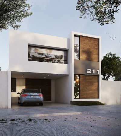 a car is parked in front of a modern house