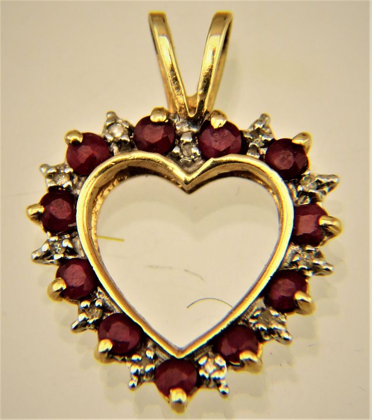 Stunning 10K Yellow Gold Heart Pendant 0.52 RUBIES & DIAMONDS 5/8" 1.4 grams Gold Heart Pendant, Heart Pendant Gold, Heart Pendant Diamond, Ruby Diamond, Natural Ruby, Gold Heart, Diamond Heart, Ruby Lane, Heart Of Gold