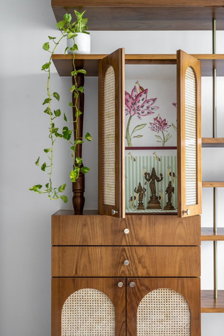 a wooden cabinet sitting next to a plant on top of a shelf in a room