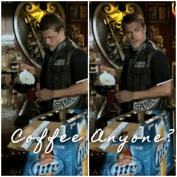 two pictures of a man pouring coffee from a blender into a cup with the caption, coffee anyone?