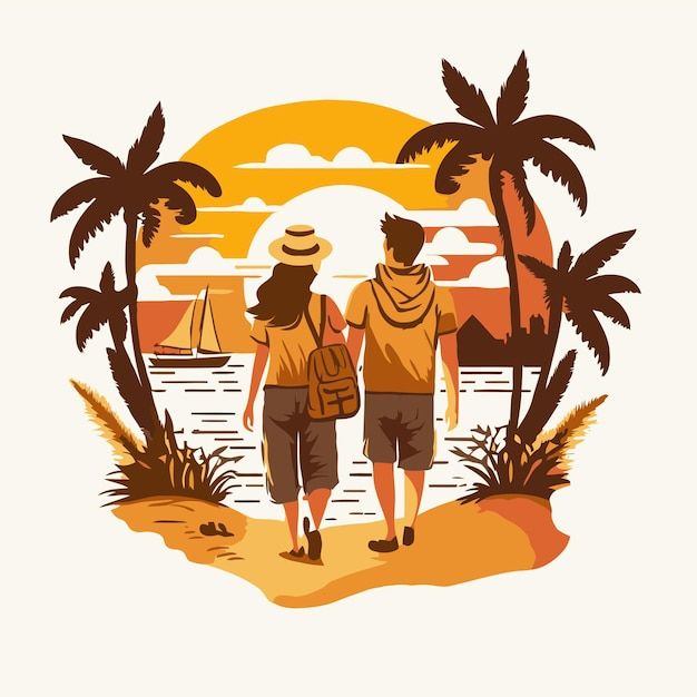 two people walking on the beach with palm trees and sailboats in the water at sunset