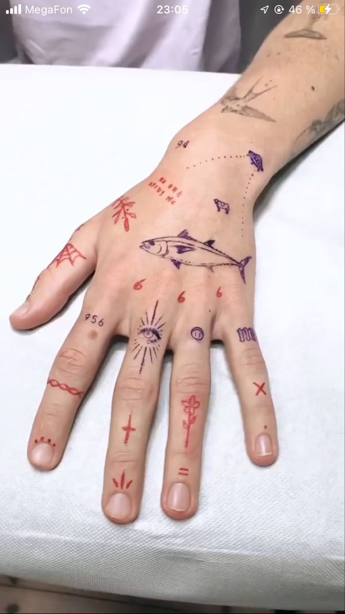 a person's hand with tattoos on it