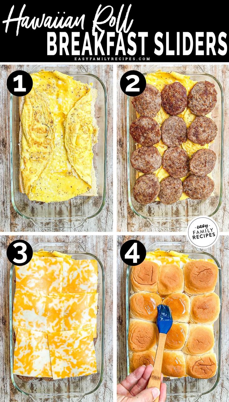 the steps to make breakfast sliders in a glass dish with cheese and sausage on top