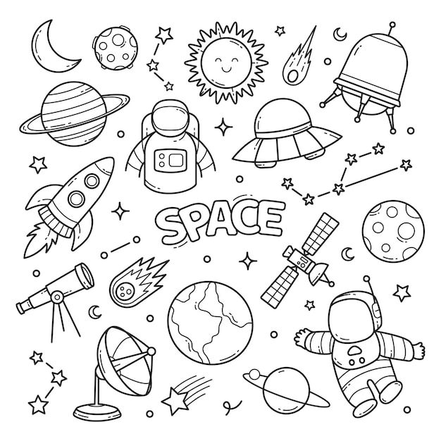 space coloring pages for kids to print out and color on the page, including rockets, planets