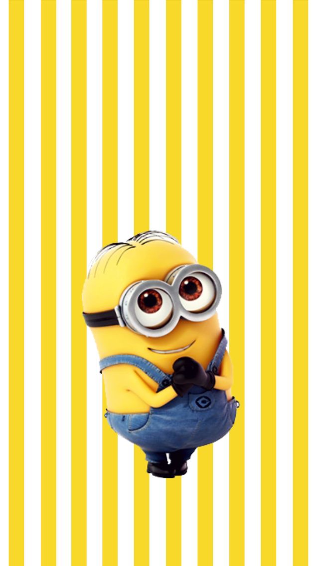 a yellow and white striped background with a minion holding a cell phone in it's hand