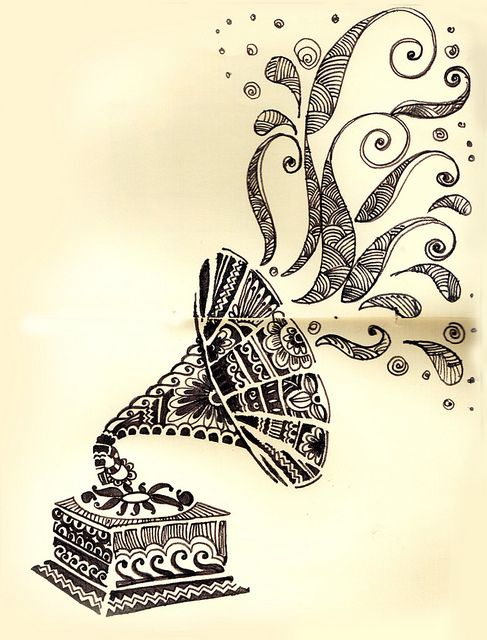 a drawing of an old fashioned record player with swirly designs on it's side