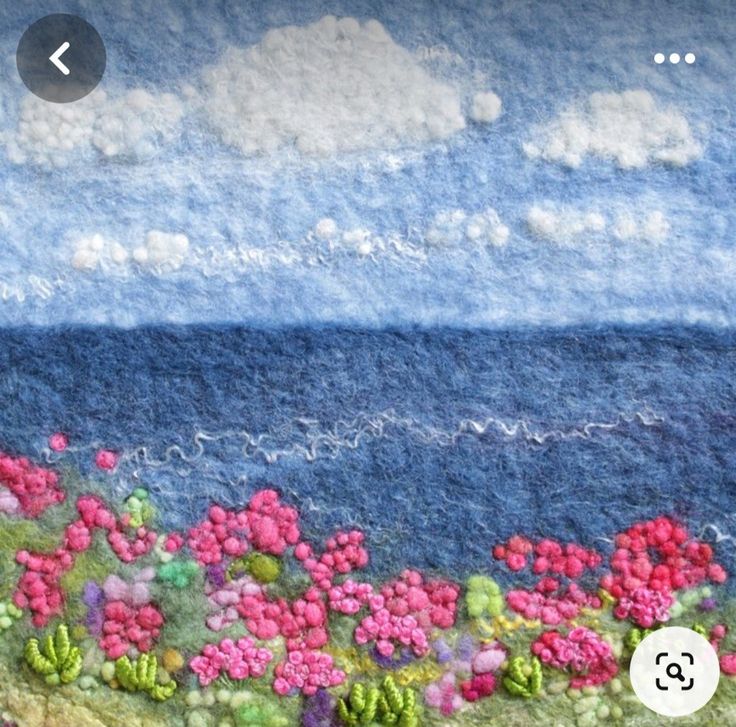 a painting with flowers and clouds in the sky above it on a cell phone screen