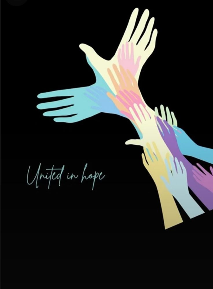 two hands reaching for each other with the words united in hope written below it on a black background