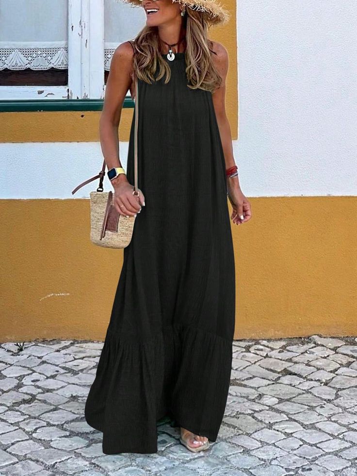 Black Casual Collar Sleeveless Fabric Plain Cami Embellished Slight Stretch  Women Clothing Black Sundress Outfit, Sundress Outfit, Stile Boho Chic, Black Sundress, Estilo Boho Chic, Printed Sleeveless Top, Solid Color Dress, Women Midi, Halterneck Dress