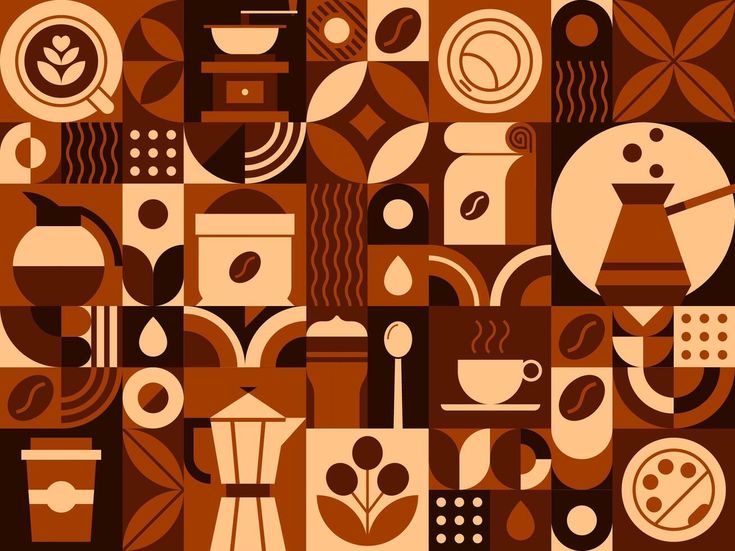 an abstract pattern with coffee cups and saucers on brown, black and white background