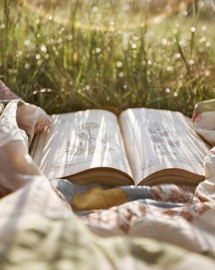 an open book sitting on top of a blanket next to a green grass covered field