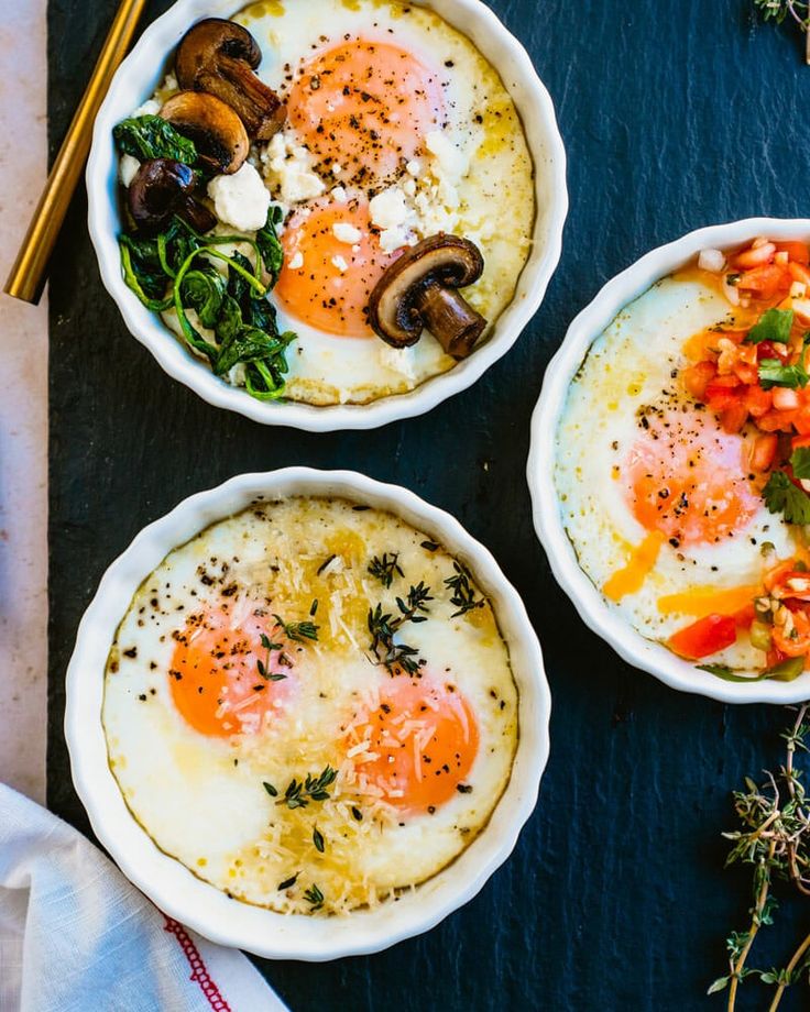 three bowls filled with different types of food